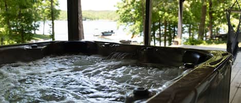 Lakefront Home: Relaxing view of the lake from the hot tub on the lower deck