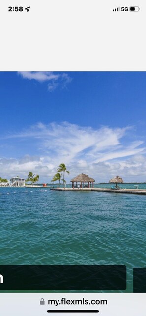 Awesome Tiki hut area with loungers and fish cleaning table. Swim area too!