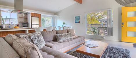 Open floor plan and high ceilings in main living areas.