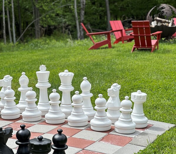 Your move! Outdoor chess board and more at our ultra-private cabin.