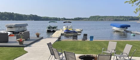 Looking at lake and dock from covered porch