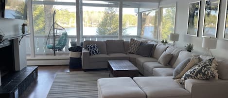 family room with panoramic lake view