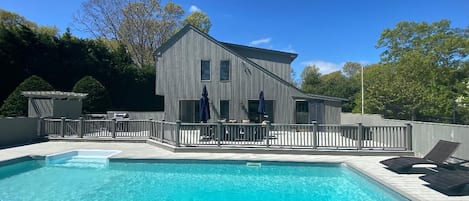 Pool and Deck with 10 person dining table, outdoor shower, BBQ