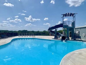 Community Outdoor Pool. Fun Tubular Water Slide For Kids. Open Seasonally. 