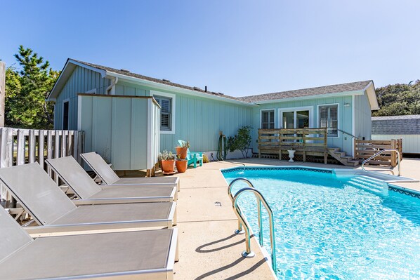 Splash all day with your kids in your own private and heated salt-water swimming pool. Tucked away on a large lot and surrounded by live oaks, our pool offers a serene and private respite. 