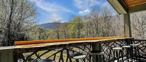 Back porch has the views! Hot tub, outdoor gas grill, and firepit all out here!