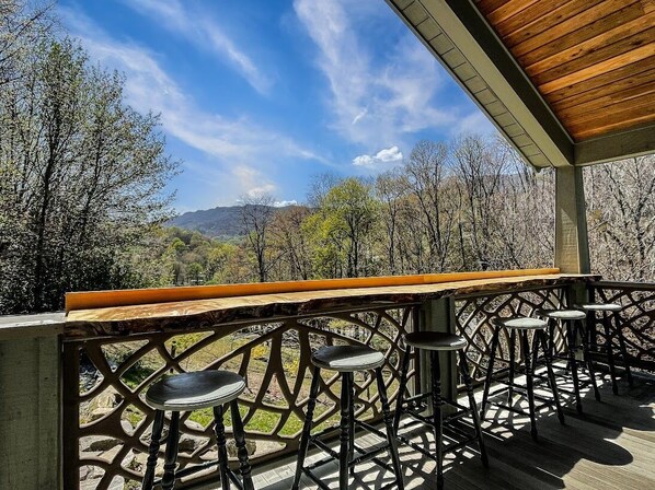 Back porch has the views! Hot tub, outdoor gas grill, and firepit all out here!