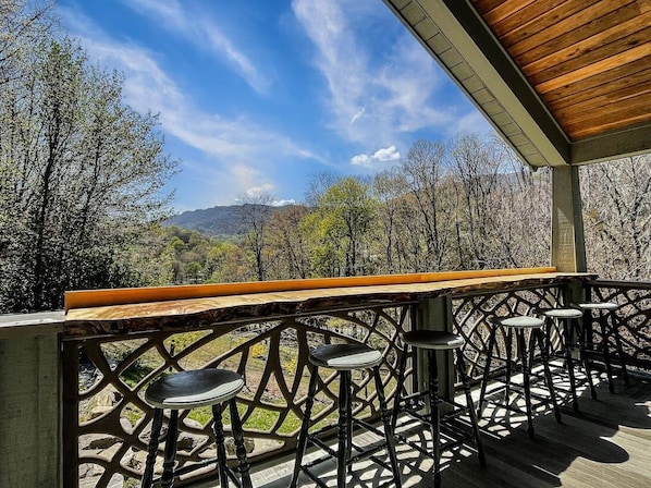 Back porch has the views! Hot tub, outdoor gas grill, and firepit all out here!