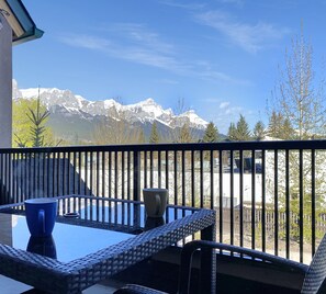 Morning coffee on patio with view of Mount Rundle