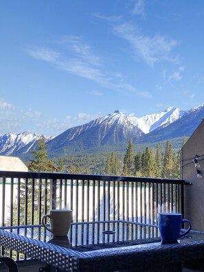 Morning coffee on patio with view of Mount Lady MacDonald