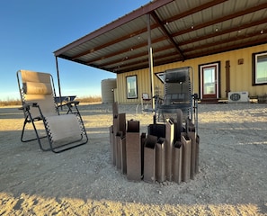 Handmade fire pit for ambiance and s'mores. 