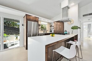 The galley-style kitchen is perfect for preparing meals 