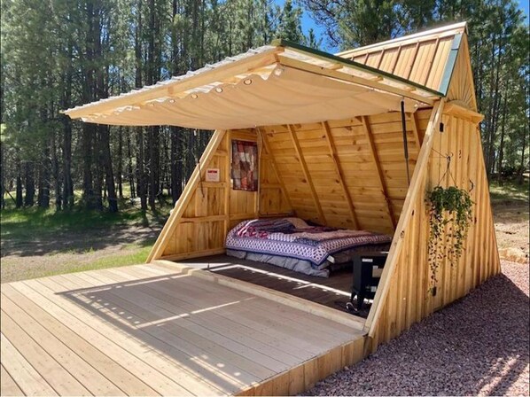 Open up to the possibilities! Queen bed under cover or open to the stars!