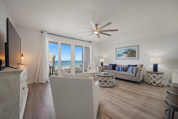 Spacious living room with a pull out sleeper sofa. 