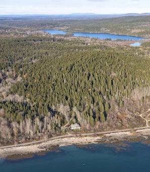 Aerial view of cottage.