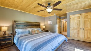 The king-size primary bedroom has a fireplace, SmartTV, and ample closet space