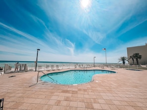 We have a large heated beachside pool and a kiddie pool directly below our home.