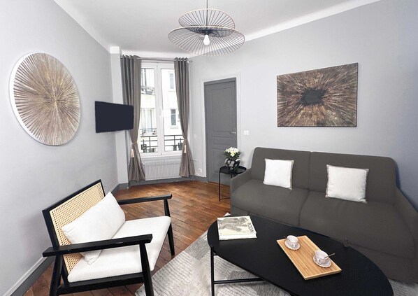 Bright living room with TV