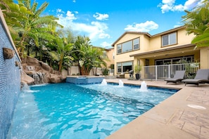 Heated Pool, Hot tub, waterslide, waterfall, bubblers, and baja shelf