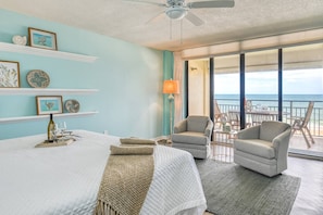 The Ocean Front Master Bedroom has access to the balcony, so you can wake up to views of the ocean.