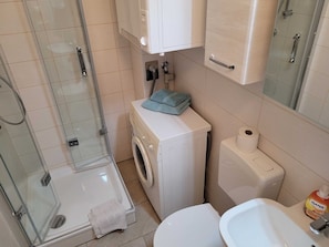 Bad mit Dusche, WC und Waschmaschine