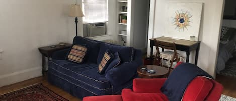 Inviting LR w/sleeper loveseat, comfortable club chair, small desk/table