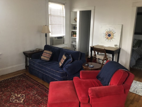 Inviting LR w/sleeper loveseat, comfortable club chair, small desk/table