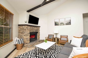 Roku TV above the stone fireplace.
