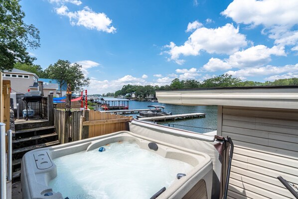 Soak your worries away while relaxing in our lakefront hot tub.