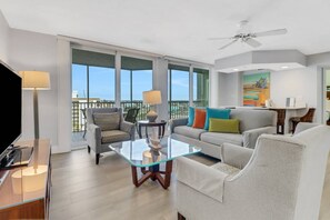 The main living area is furnished in stylish, comfortable manner, making it easy to call this home away from home.