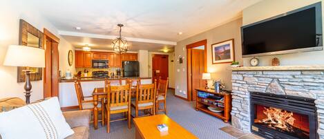 Living room with gas fireplace.