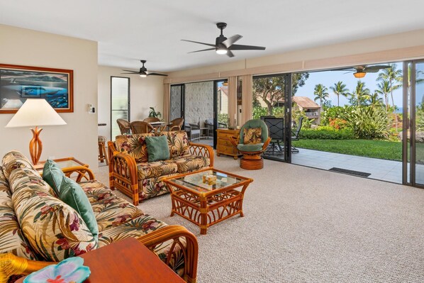 Living area with large sliding doors