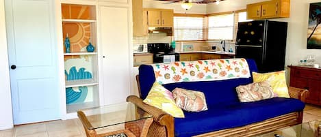 Spacious coastal living room and kitchen