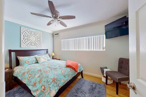 Sleep well in our queen size brand new bed, with TV, AC, luggage racks, dresser plus extra pillows and blankets.