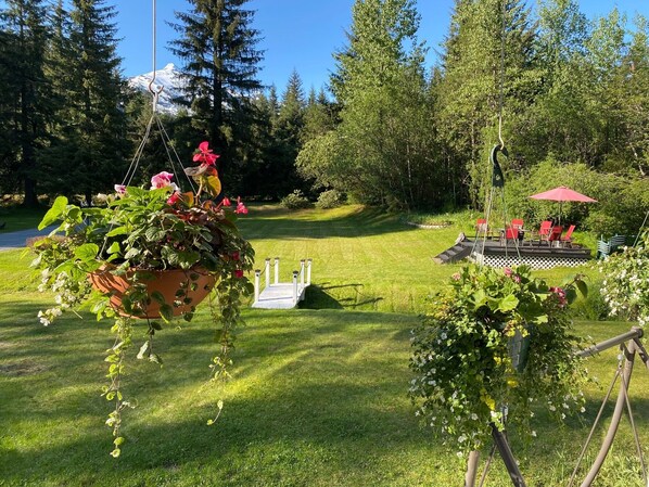 Looking out from the front porch over the front yard and Tiki deck.