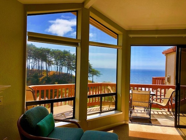 Ocean View from Living Room showcasing large wrap-around balcony.