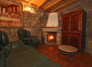 Living room with fireplace in nature accommodation