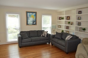 The living room has seating for10 and a queen size fold out sofa.