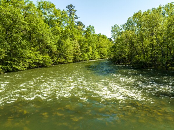 This is just in front of the cabin. Enjoy fishing for trout on the Little Missouri River.  Swimming is possible when water is not being released from the dam.  

Please check the website for Narrows Dam Generation Schedule as it changes weekly: 
https://www.swepco.com/community/education/recreation