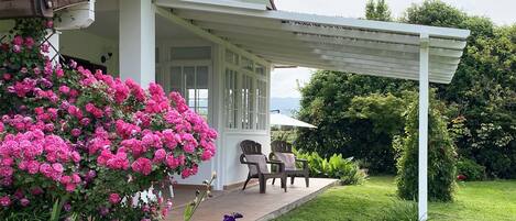 Outdoor patio with shaded pergola