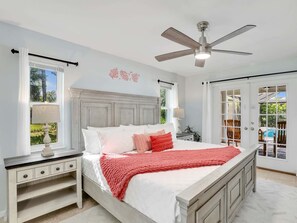 The 1st Bedroom suite at Casa Bonita Florida offers a king bed, luxe linens, a private ensuite, and a peaceful atmosphere perfect for unwinding in comfort.