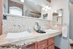 The master bathroom has been remodeled recently and really stands out.