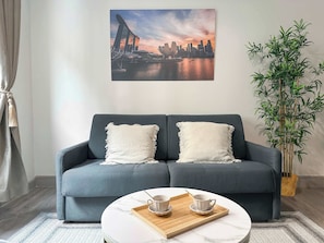 Chic living room featuring a comfortable sofa.