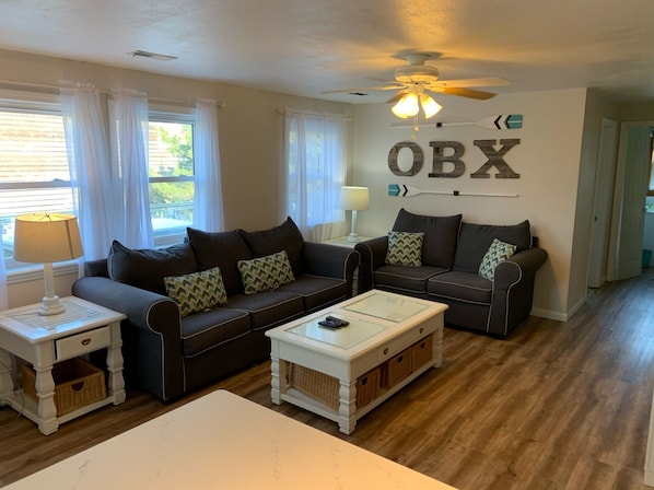 Living Room; couch pulls out to queen bed