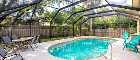 Fully fenced, screened, and private backyard pool