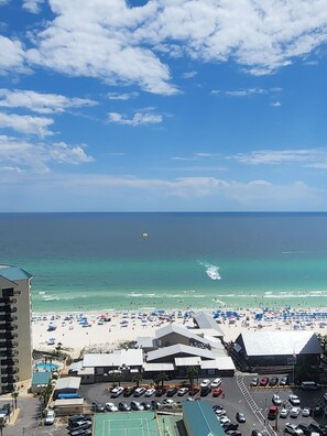 Beach views from your balcony, master bedroom and living room, also current flag