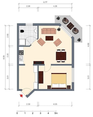 Grundriss in 2d einer KompfortSuite in der Pension Maiglöckchen. - Musterbeispiel
