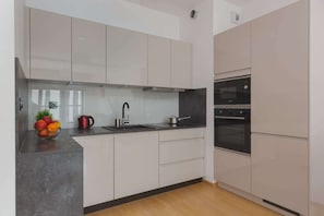 The sleek design of the kitchenette blending seamlessly with the living area.