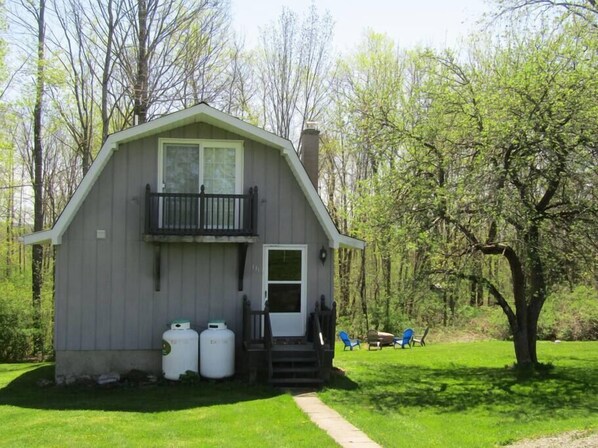 CABIN STAY - the cabins sits amidst trees, grass and plants.