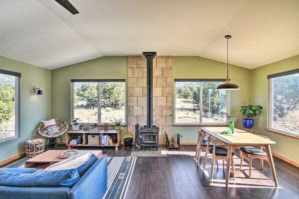 Our open floor plan offers 270-degree views of the Sangre de Cristo range.